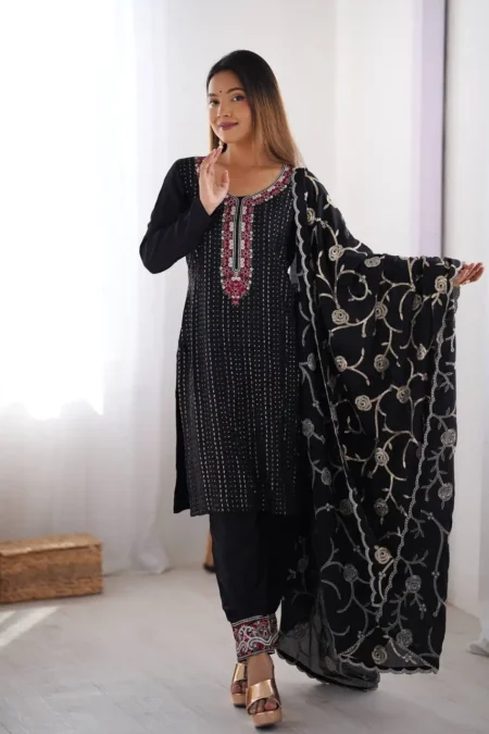 Women's Chinon Silk Sequence And Thread Work Straight Kurti With Pant and Dupatta Set