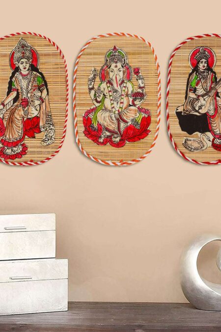 Bamboo Hand Crafted Wall Hangings Of The Trio Of  Ganesh Ji, Laxmi Ji And Sarwasti Ji Painting For Home Decor
